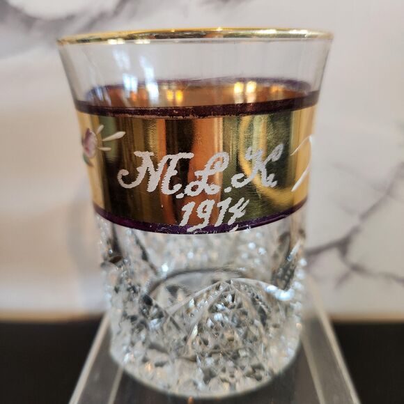 EAPG Antique Roses Tumbler Drinking Glass Button & Arches Hand Painted Gold 1914 - Picture 3 of 7